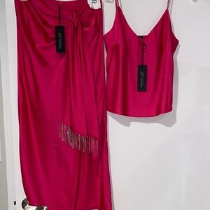 Silky Midi Skirt Camisole Formal Set Rhinestone Jewel Blogger Harlow Zara 4/6